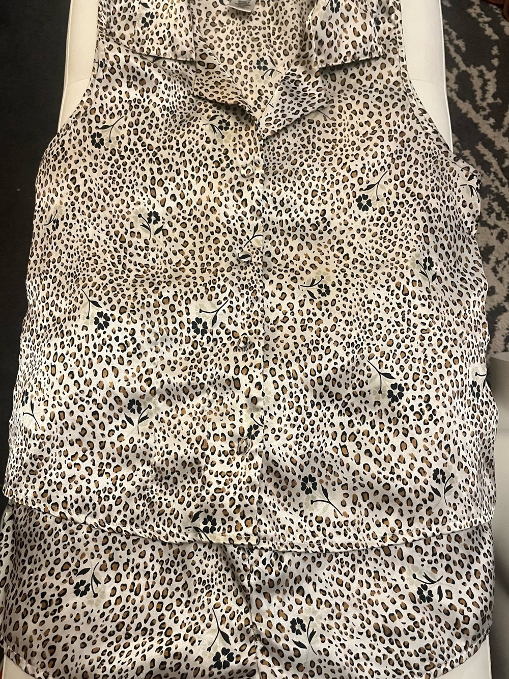 Leopard Print Button-Up Sleep Top - White/Tan